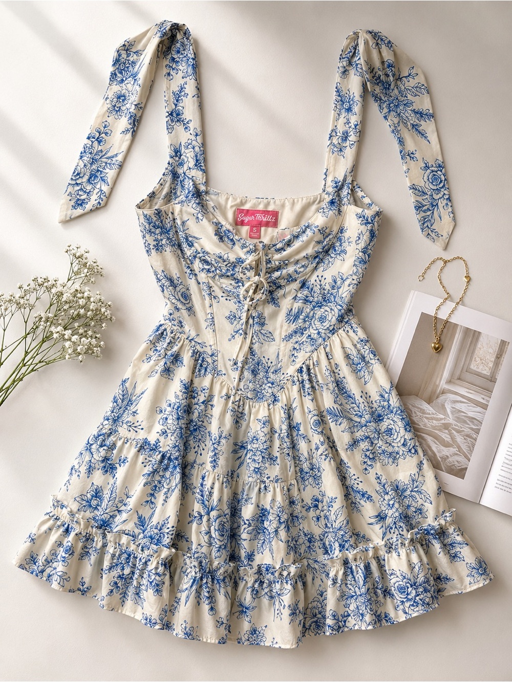Sugar Thrillz Cream and Blue Floral Tie-Strap Mini Dress